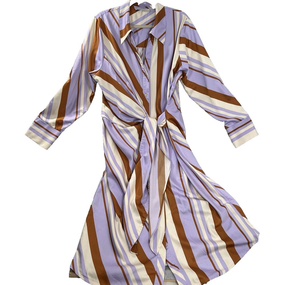 F&F FW Bridge Dress Size 22 Lilac Ivory Stripe Wrap Shirt Midi Smart Casual 70s